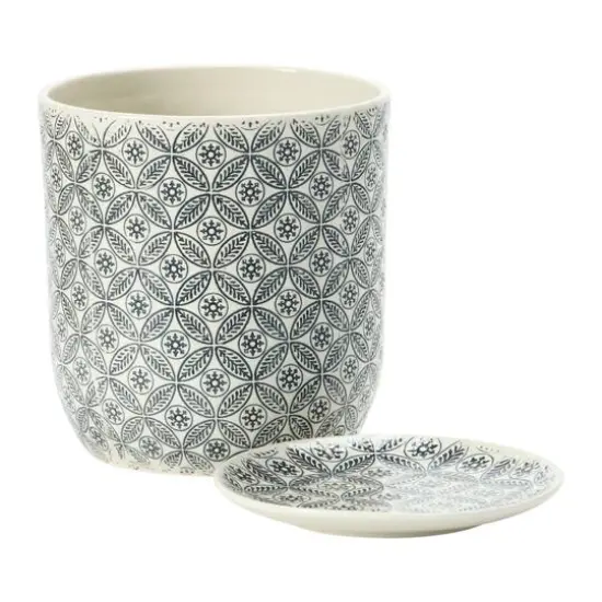 Hello Honey&reg; 7" Black & Cream Hand-Stamped Pattern Stoneware Pot & Saucer Set {5}