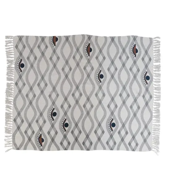 Hello Honey&reg; Recycled Cotton Blend Printed Throw Blanket with Eye Pattern and Fringe, Cream and Brown {1}