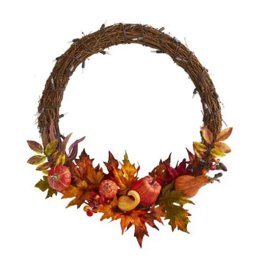 22" Pre-Lit Pumpkin & Maple Autumn Wreath {4}