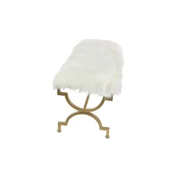 White Fur & Metal Contemporary Bench {3}