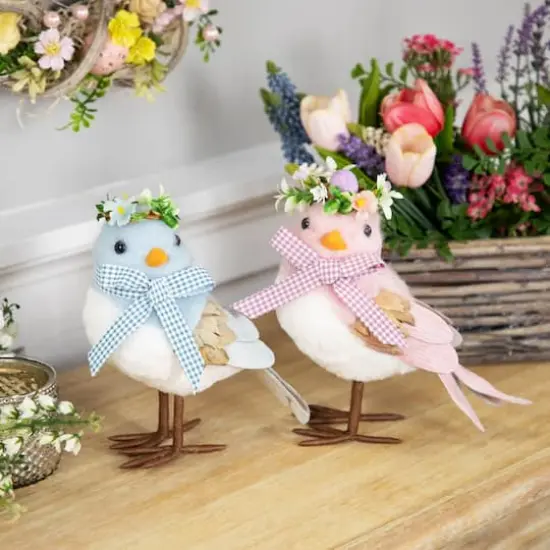 7.75" Pink Plush Bird Easter Accent with Gingham Bow {4}