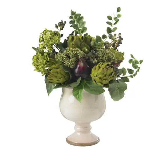 15" Artichoke & Hydrangea Arrangement in White Ceramic {1}