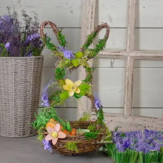 14.5" Brown & Green Floral Easter Bunny Decorative Basket {3}