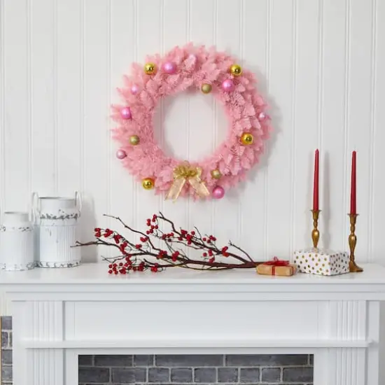 24" LED Pink Artificial Christmas Wreath with Ornaments {5}