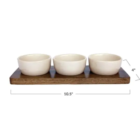 Hello Honey&reg; Cream Stoneware Bowls & Natural Mango Wood Tray Set {5}