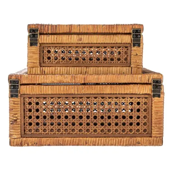 Hello Honey® Dark Brown Modern Decorative Square Woven Rattan & Wood Display Box Set with Glass Top {8}