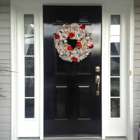 24" Snowy Bristle Pine Wreaths with Red & Silver Ornaments & Warm White LED Lights {3}