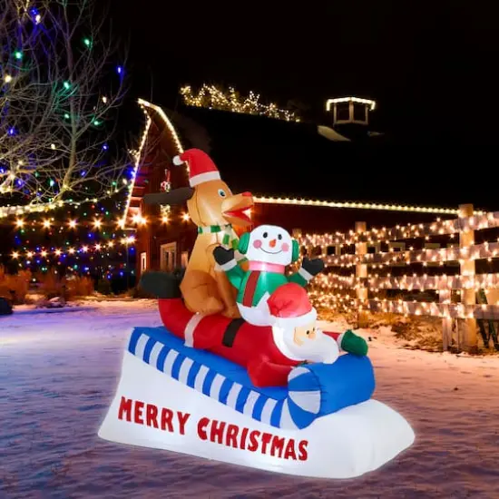 Glitzhome&reg; 6FT Lighted Inflatable Skiing Santa, Snowman & Dog {3}