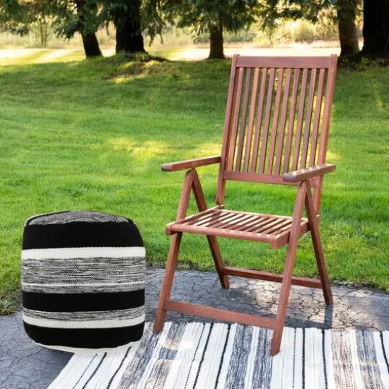 18" Black & White Woven Stripes Outdoor Pouf Ottoman {3}