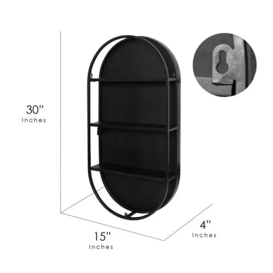 Black Metal Framed Oval Vanity Wall Mirror with Shelves - 15" x 30" {7}