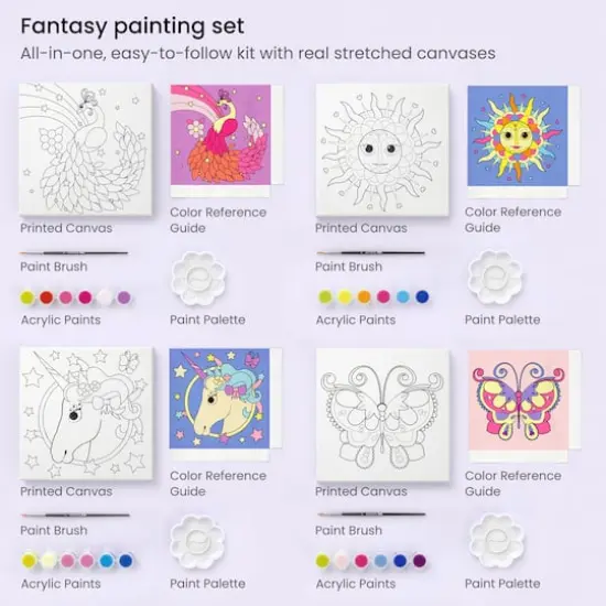 Arteza&reg; Kids Canvas Paint Kit, 4 8x8 Canvas with Brushes & Paints Fantasy {3}