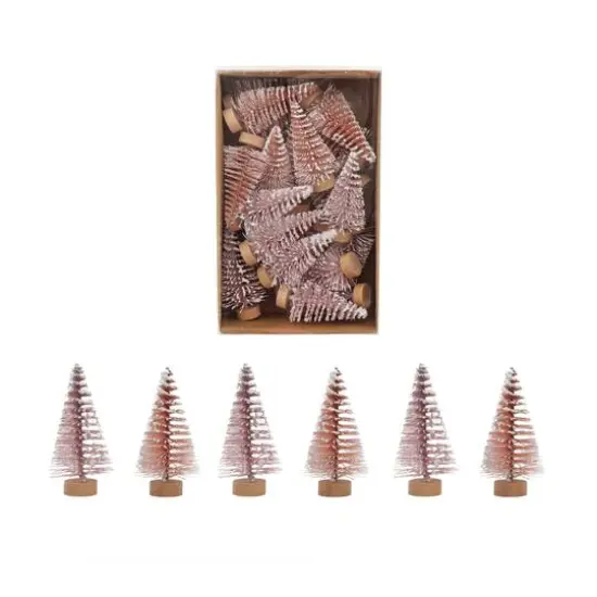 Hello Honey&reg; 2" Pink & Rose Flocked Plastic Bottle Brush Trees with Wood Base & Snow Finish, 24ct. {1}