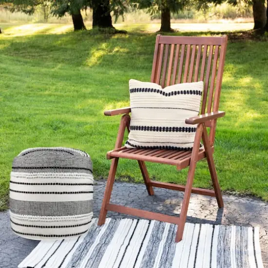 18" White & Black Striped Outdoor Woven Pouf Ottoman {3}