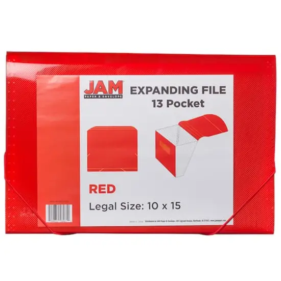 JAM Paper 10" x 15" Legal Size 13 Pocket Plastic Expanding File Accordion Folder Red {5}