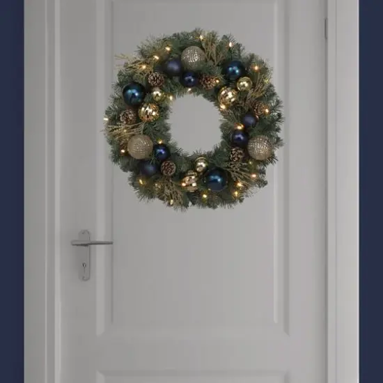 Haute Decor 24" Pre-Lit Sutton Place Blue & Gold Ornament Christmas Wreath, Soft White LED Lights {4}