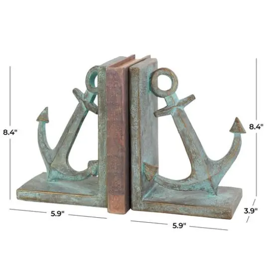 8.5" Blue Polystone Anchor Distressed Patina Bookends with Gold Foil Accents Set {4}