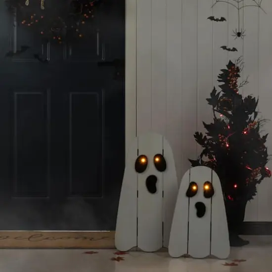 Glitzhome&reg; 24"H Halloween Lighted Wooden White Ghost Porch Decor with Timer Set {4}