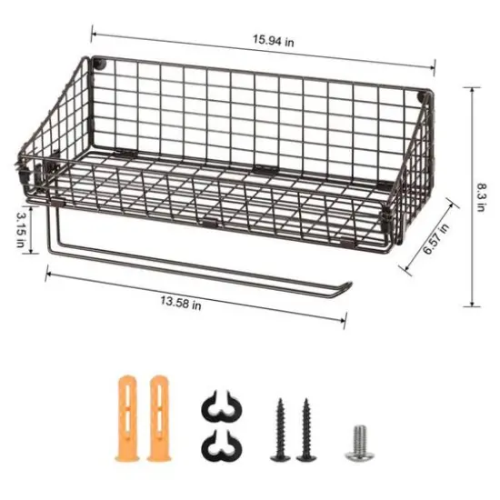 NEX™ 16" Brown Wall Mounted Wire Basket Shelf & Paper Roll Holder {3}