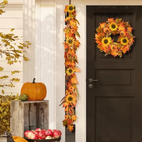 Glitzhome&reg; 6ft. Fall Maple Leaf & Sunflower Garland {6}