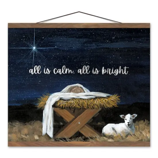 All is Calm All is Bright Nativity Teak Hanging Canvas {1}