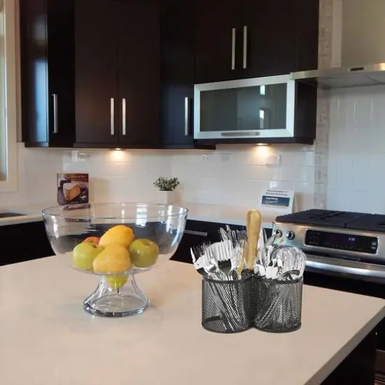 Mind Reader Network Collection Black 3-Compartment Utensil Caddy with Wooden Handle {4}