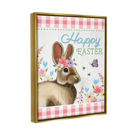 Stupell Industries Happy Easter Floral Gingham Rabbit Floater Framed Art Gold {4}