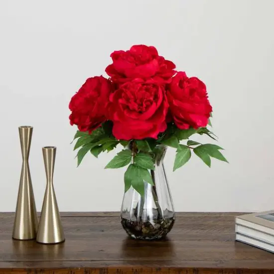 16" Red Peony Arrangement in Glass Vase {3}