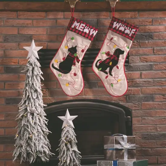 Glitzhome® 21" LED Embroidered Cat & Dog Linen Christmas Stockings, 2ct. {3}