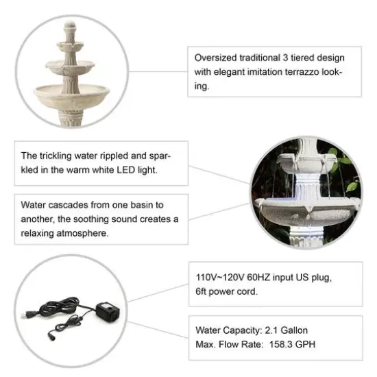 Glitzhome&reg; 45" 3-Tier Ceramic Outdoor Fountain Sand Beige Terrazzo {8}