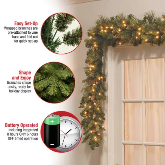 9' x 10" Pre-lit Carolina Pine Artificial Christmas Garland with Flocked Cones & 100 Battery Operated LED Lights {6}