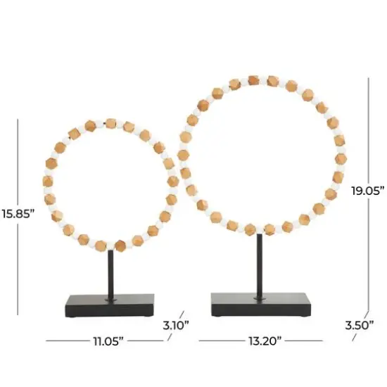 Brown Wood Geometric Beaded Ring Sculpture Set {6}