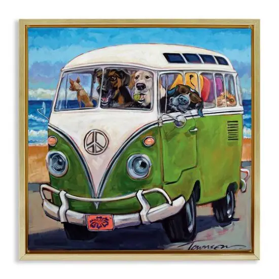 Stupell Industries Dogs Driving Retro Van Floater Framed Art Gold {1}