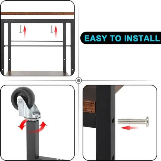 Rustic Brown Wood Kitchen Carts 3-Tier Rolling Rack with 10 Hooks {5}