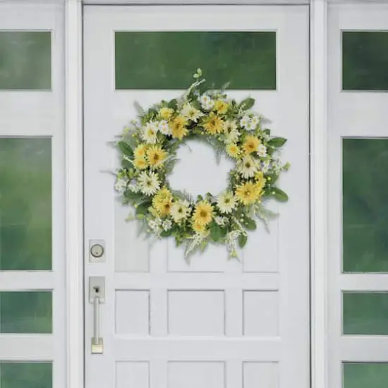 30" Yellow & White Mum & Daisy Floral Spring Wreath {4}
