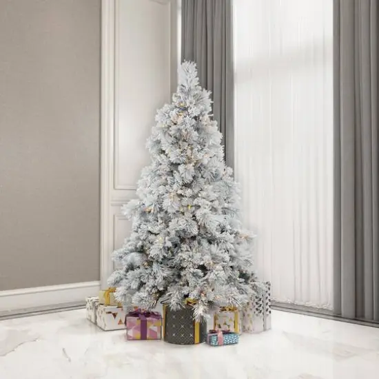 6.5ft. Pre-Lit Flocked Alberta Artificial Christmas Tree, Pure White LED Lights {3}