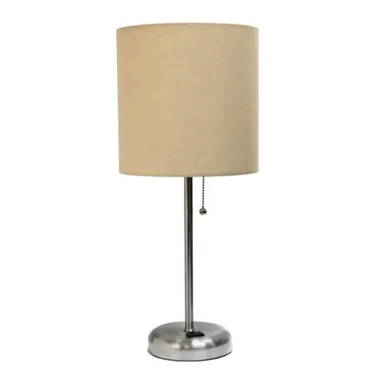 LimeLights 19.5" Stick Lamp with Charging Outlet and Fabric Shade Brushed Steel and Tan {1}