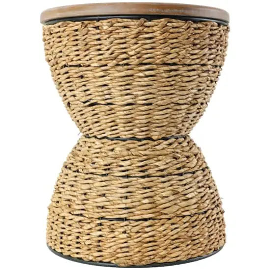 19" Rattan Woven Stool with Wood Tabletop and Black Frame Medium Brown {4}