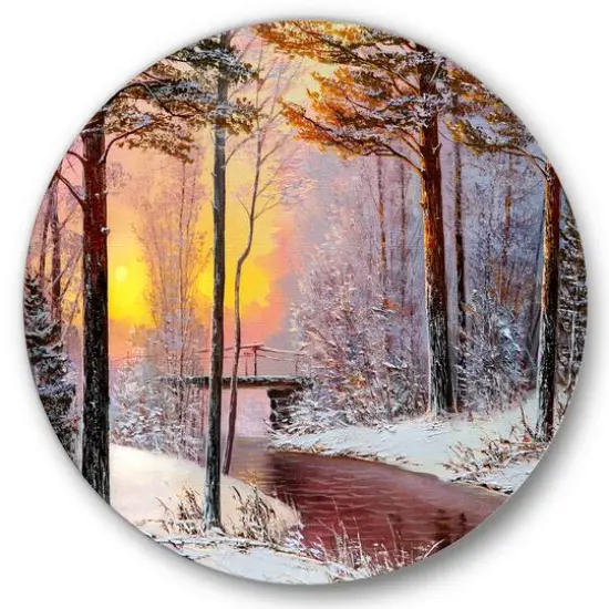 Designart - Christmas Forest With River and Trees IV - Traditional Metal Circle Wall Art {2}