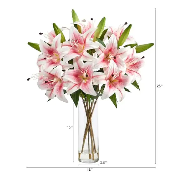 25" Artificial Pink Lily Arrangement with Cylinder Glass Vase {3}