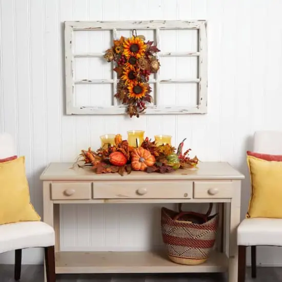 24&rdquo; Yellow & Red Sunflower & Berry Teardrop Swag {3}