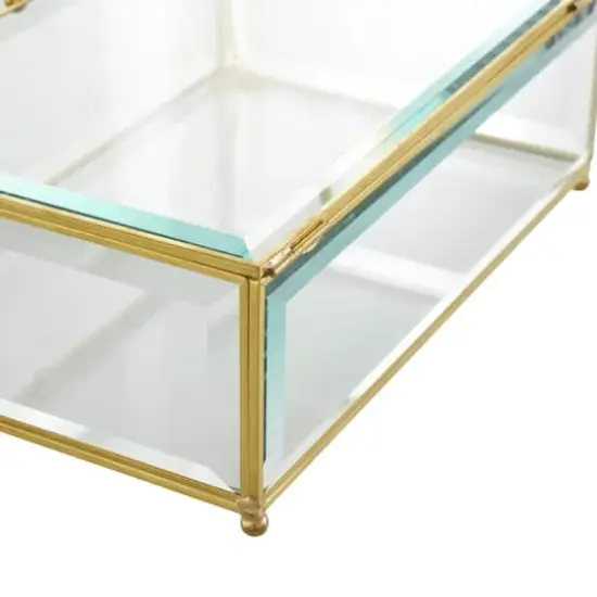 Clear & Gold Beveled Glass & Metal Rectangle Footed Jewelry Box with Chain Accent Set {6}