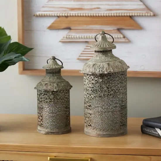 Brown Ornate Scroll Metal Candle Lantern Set {8}