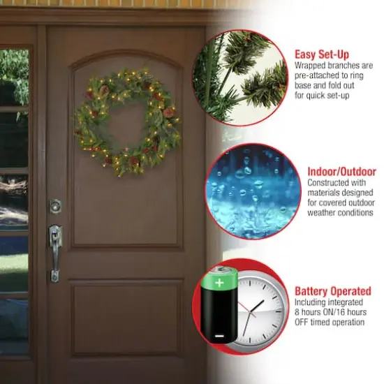 24" Feel Real&reg; Colonial Wreath with Pine Cones, Red Berries & Dual Color LED Lights {6}