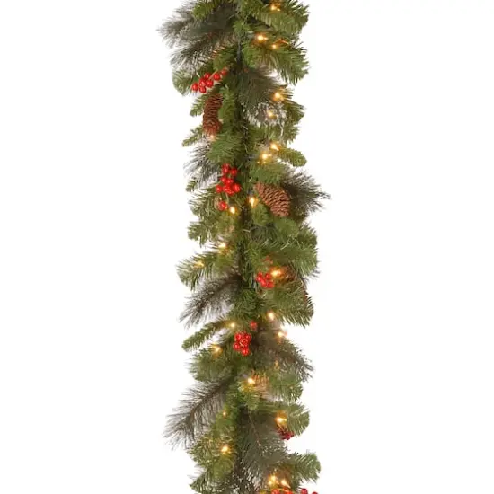 9ft. Pre-Lit Crestwood® Spruce Garland with Silver Bristle, Cones, Red Berries and Glitter with 50 Clear Lights {5}