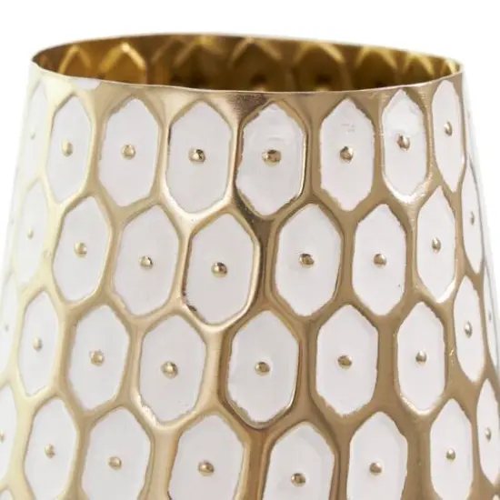 13" Gold & White Geometric Dot Metal Vase {4}
