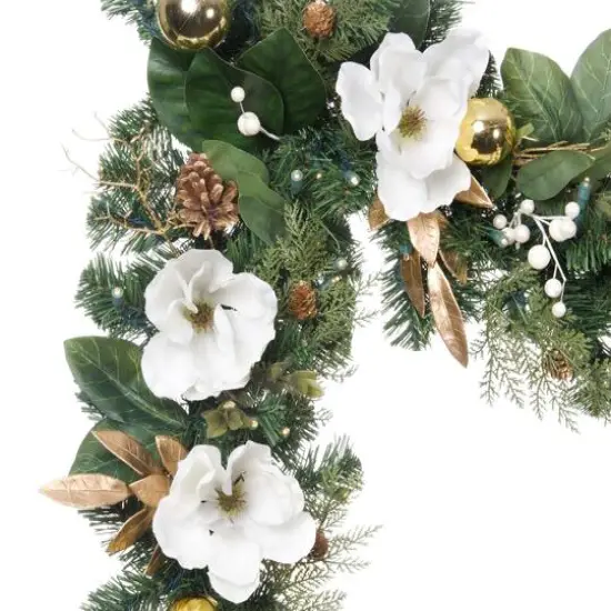 9ft. Pre-Lit Artificial White & Gold Magnolia Christmas Garland White Gold Magnolia {1}
