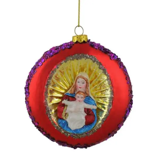 4" Mary and Jesus Sequin Religious Glass Disc Christmas Ornament {1}