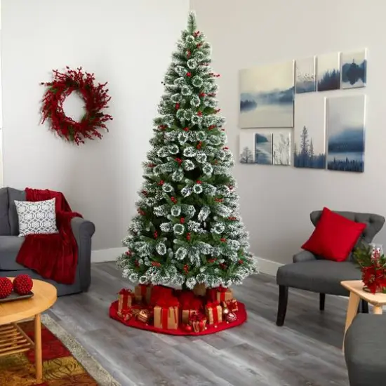 8ft. Pre-Lit Frosted Swiss Pine & Berries Artificial Christmas Tree with Clear LED Lights {8}