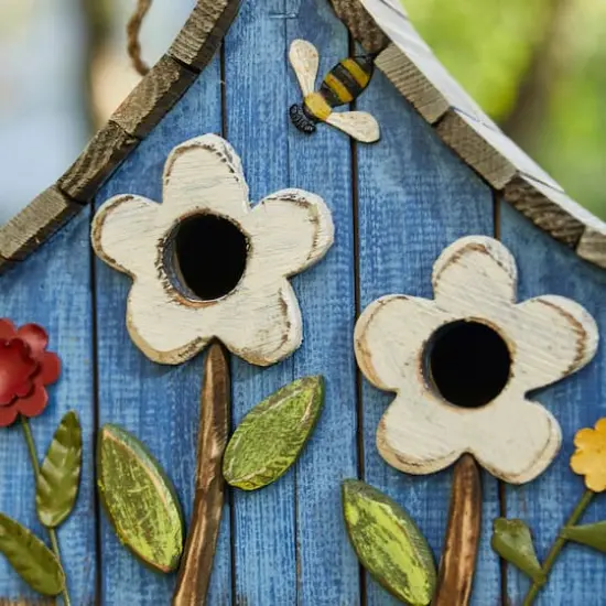 Glitzhome&reg; 10.5" Distressed Wood Birdhouse with Flowers {5}