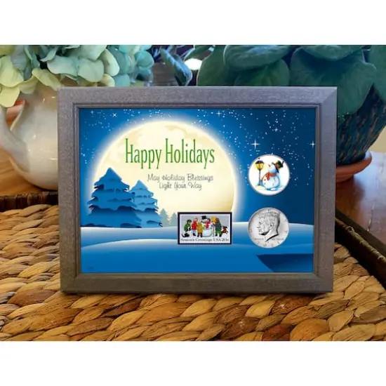 Happy Holidays Snowman Colorized Half Dollar With 2021 JFK Coins and Snowman Stamp in Wood Frame {5}